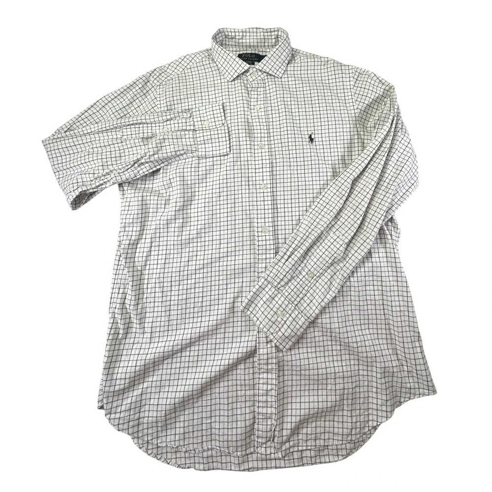 POLO RALPH LAUREN Mens  White Blue Plaid Classic Fit Lightweight Flannel Shirt L